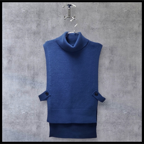 Banana Republic Long Knit Turtleneck Sweater Vest Open Belted Sides Blue Medium - Picture 2 of 11